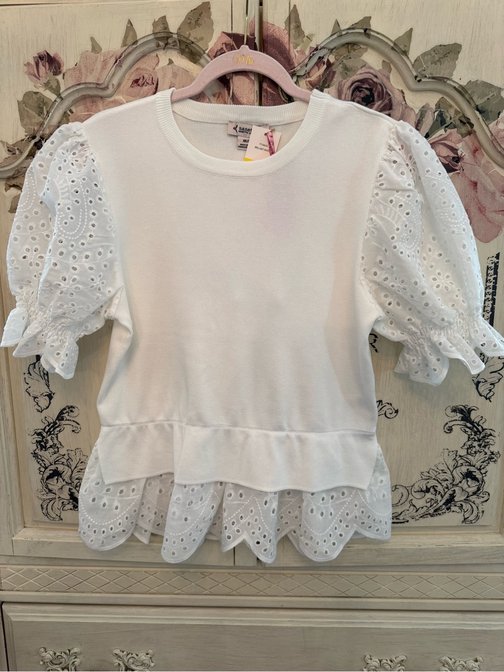 Nanette Lepore Womens Eyelet Sleeve Peplum Sweater Top White